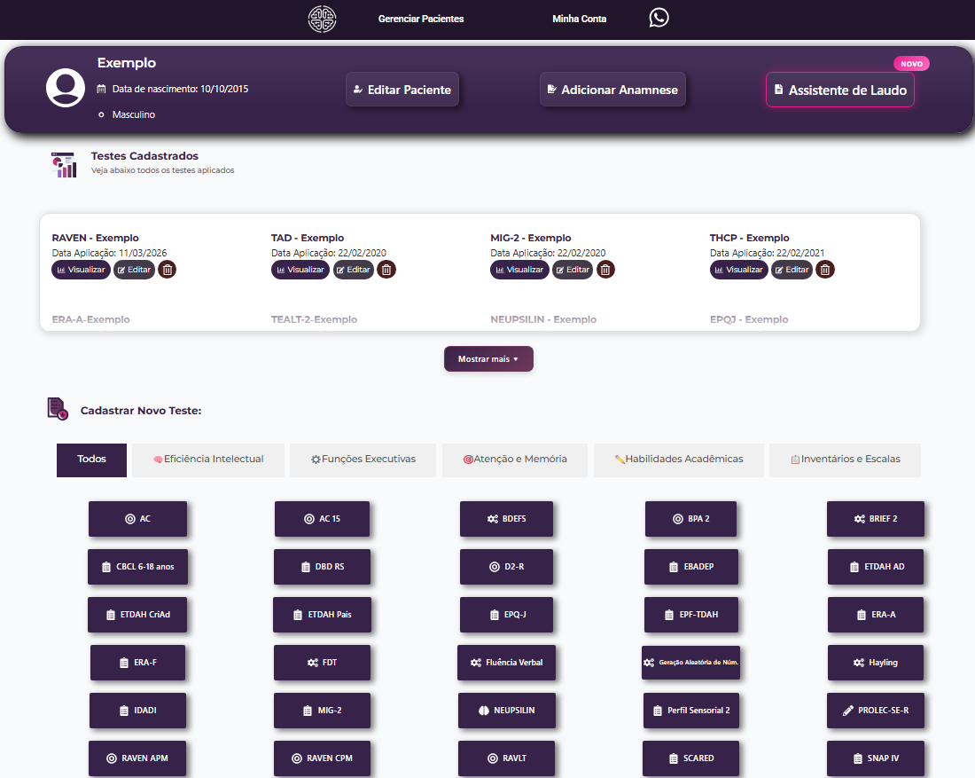 Dashboard do paciente com correções cadastradas e catálogo de instrumentos
